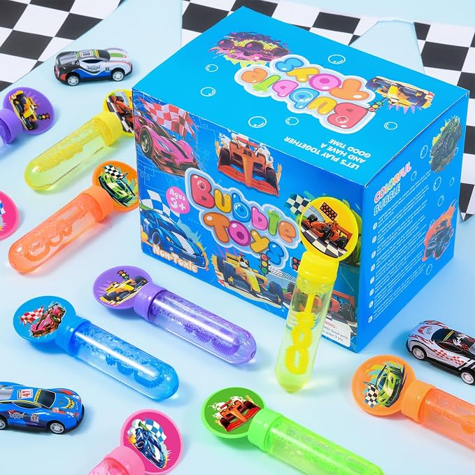 Winrayk 24 Large Cars Bubble Wands with Gift Box, Kids Race Car Party Favors - Racing Bubbles Bulk (6 Style & Color), Pinata Filler Goody Bag Stuffer Carnival Prize Boys Wheel-themed Birthday Supplies