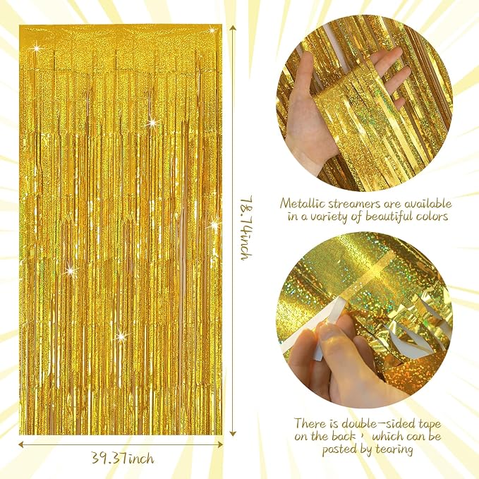 Tinsel Curtain Party Backdrop Gold Birthday Decorations 5 Packs Glitter Foil Fringe Decor Streamers Photo Booth for Christmas Wedding Halloween Graduation Decorations