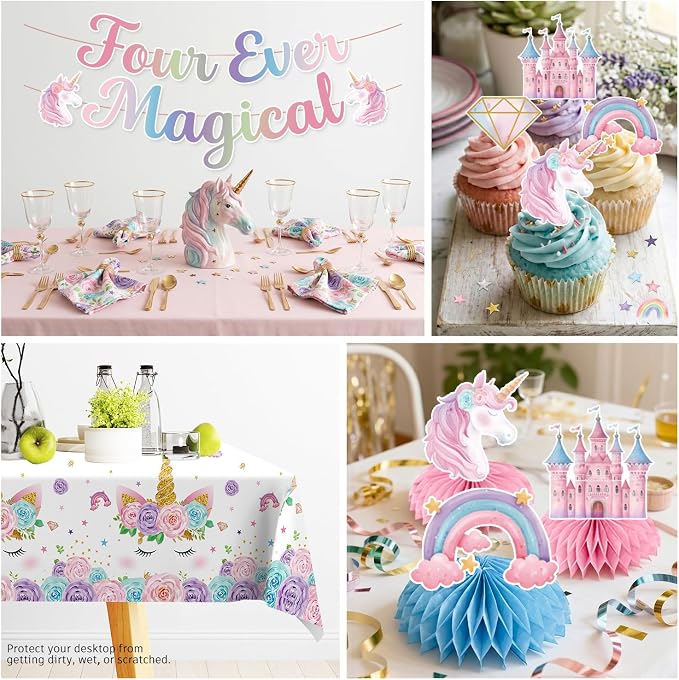 Xynic 332PCS Four Ever Magical Birthday Party Supplies, Unicorn 4th Birthday Decorations Set for 50 Guests with Plates, Napkins, Cups, Tablecloths & Balloons, Unicorn Party Supplies