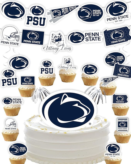 PSU Party Supplies for Football, Birthday Gift, Graduation Party Banner and Cake Toppers (42 Pieces) (Penn State Nittany Lions)