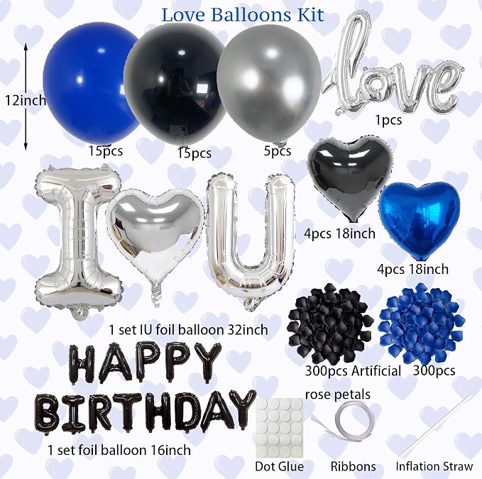 Blue Black Silver Balloons with I LOVE YOU & HAPPY BIRTHDAY Foil Balloons & Rose Petals for Romantic Special Night, Anniversary, Valentine Day, Birthday Decorations for Him, Bedroom, Hotel Room