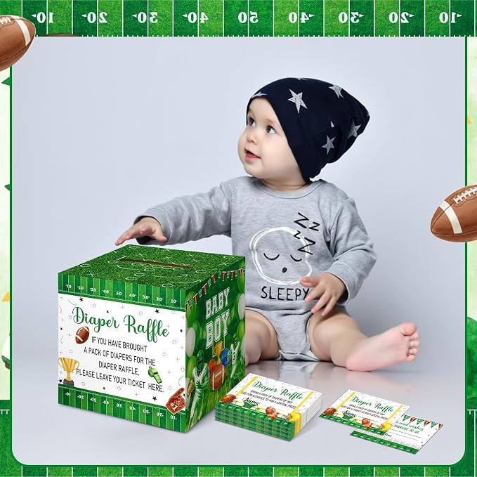 Teling 51 Pieces Diaper Raffle Tickets with Card Baby Shower Decorations Gender Reveal Holder Box for Girl Boy Diaper Raffle Party (Football Touch Down It's A Boy)