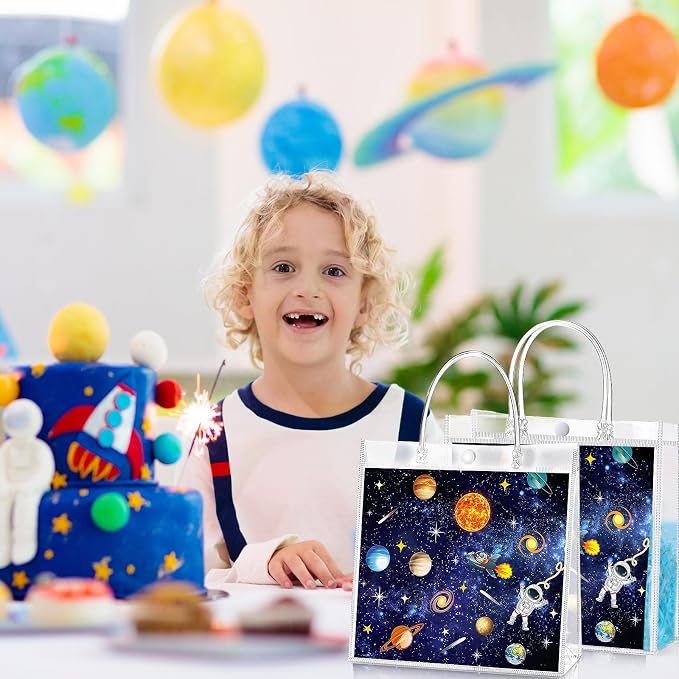 Hosuly 24 Pcs Outer Space Party Favor Bags with Handles, Clear PVC Planet Astronaut Goodie Treat Gift Bags for Solar System Birthday Baby Shower Space Party Favors Supplies 7.9 x 7.9 x 3.1Inch