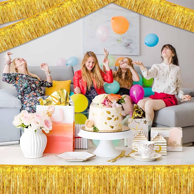 4 Pack 10 Ft Gold Foil Fringe Garland Metallic Streamers Tinsel Banner Wall Hanging Garland Backdrop for Parade Floats, Halloween, Christmas, Thanksgiving, New Year Party Decorations