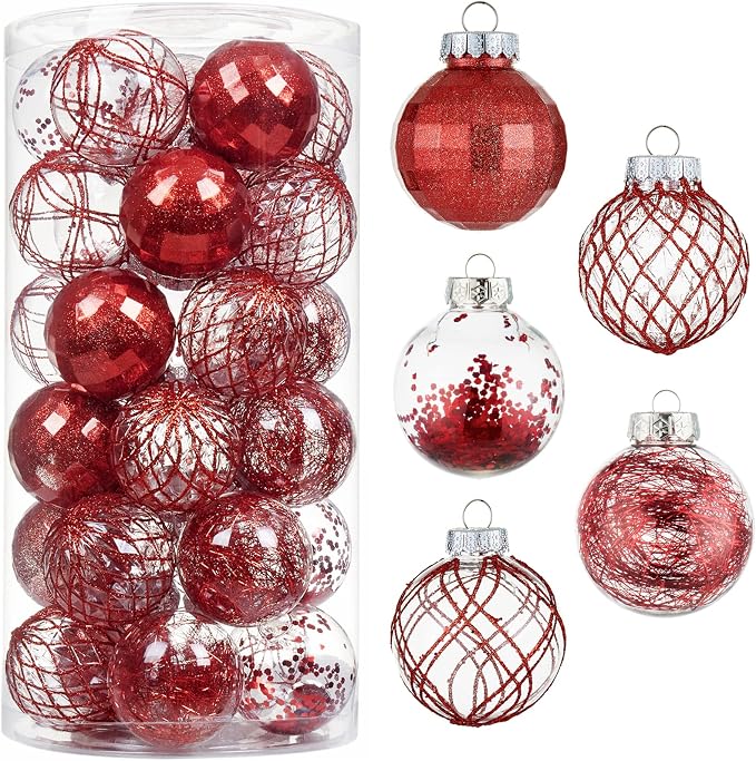 CristBest 30ct Christmas Ball Ornaments-60mm/2.36" Shatterproof Clear Plastic Xmas Balls Baubles Set with Stuffed Delicate Sparkling, Hanging Christmas Tree Decorations(Red)