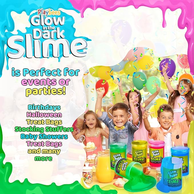 Playbees Glow in The Dark Slime – 6 Pack Neon Party Favors for Kids, Sensory Toy for Boys & Girls Ages 5+, Non-Toxic, Stretchy, Gooey Fun – Birthday, Halloween, Classroom & Treat Bags