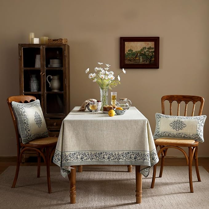 ISAENNE Designer Linen Rectangular Tablecloth,102"x63"-Segerman B | Chinoiserie Vintage Elegant Floral Table Cloth Rectangle Table,Beautiful,Dining Room,Tea Party,Kitchen,Thanksgiving