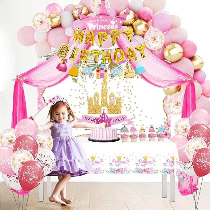 Princess Birthday Party Decorations for Girls Include Balloon Arch, Banner, Backdrop, Tablecloth, Tulle, Crown, Wand, Sash, Cake Topper Party Supplies