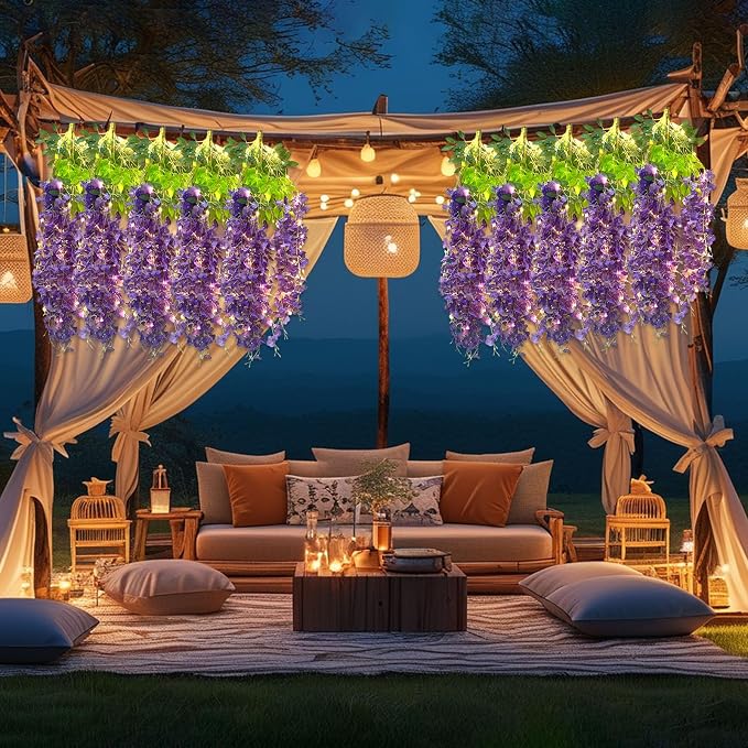 12 Pack Purple Wisteria Hanging Flowers Garland with Lights, 3.44 Feet Artificial Flower Vines, Fake Wisteria, Artificial Vines Hanging Garland for Backdrop Outdoor Patio Garden Decor