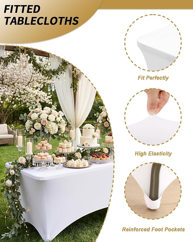 Fixwal White Tablecloths for 8 Foot Rectangle Tables, 8 Pack Spandex Stretch Fitted Table Covers for Party, Trade Show, Banquet, Wedding, Buffet