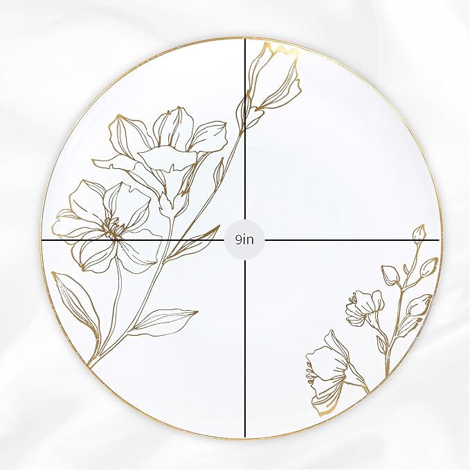 [9'' Plates 10 Count] White Plastic Floral Design Party Dinner Plates With Gold Rim Premium heavyweight Elegant Disposable Tableware Dishes