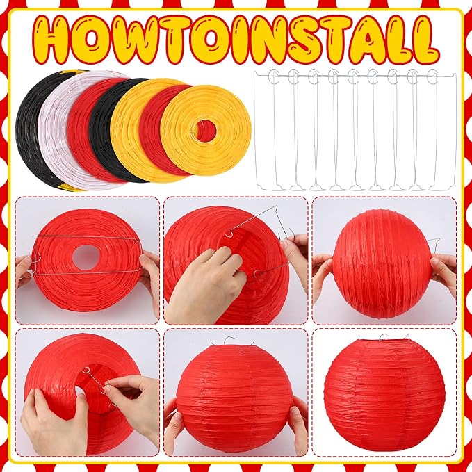 Weysat 12 Pcs Cartoon Ball Animation Themed Hanging Paper Lanterns Cartoon Game Anime Themed Red Black Yellow and White Round Lantern Decorations for Birthday Party Shower Classroom Home Decor