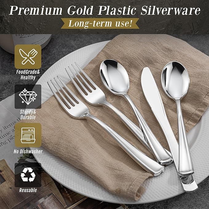 WDF 500PCS Silver Plastic Silverware - Plastic Silver Utensils - 250 Forks 125 Spoons 125 Knives - Heavy Duty Disposable Silverware Sets for Party Baby Shower Wedding Spring