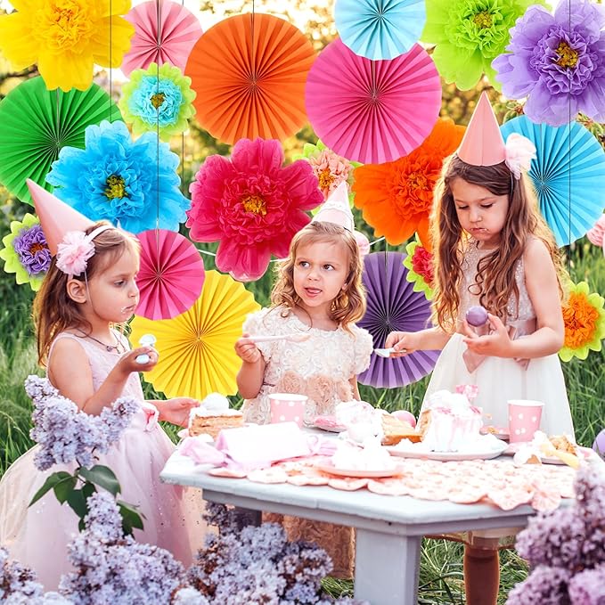 Kosiz 21 Pcs Colorful Paper Flower Decorations for Wall Paper Fans Tissue Floral Hanging Decorations for Spring Summer Birthday Wedding Mexican Fiesta Mother's Day Baby Shower Party Classroom Home