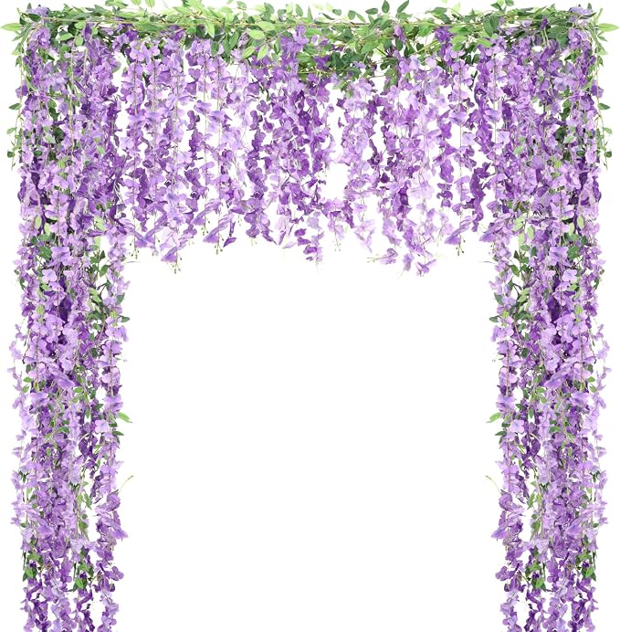 Thiccywoov 4pcs Wisteria Artificial Flowers Garland, 7.2Ft/Piece Wisteria Hanging Flowers Garland for Wedding Arch Decoration Outdoor Ceremony Home Backdrop Garden (Purple,Light Purple)