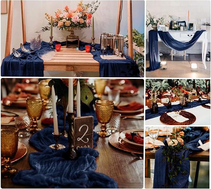 15 Pack Navy Blue Cheesecloth Table Runner 10Ft Gauze Cheese Cloth Table Runner 35x 120Inch Romantic Boho Table Runners for Wedding Birthday Party Anniversary Bridal Baby Shower Reception Table Décor