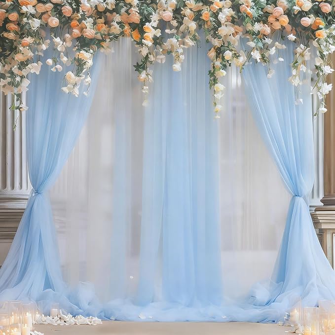 10x10ft Baby Blue Tulle Backdrop Curtain for Parites, Sheer Photo Backdrop Drapes for Wedding Baby Shower Boy Shower Birthday Party Photo Shoot Background Decorations