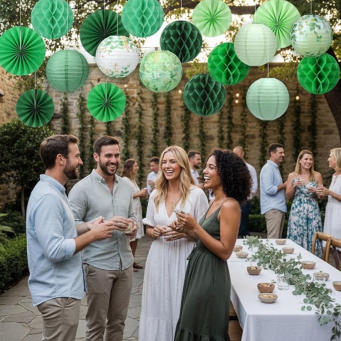 Retisee 18 Pcs Eucalyptus Leaves Sage Greenery Party Decorations Eucalyptus Leaves Hanging Paper Lanterns Sage Green Honeycomb Fans Honeycomb Ball for Neutral Green Theme Party Ceiling Decor Supplies