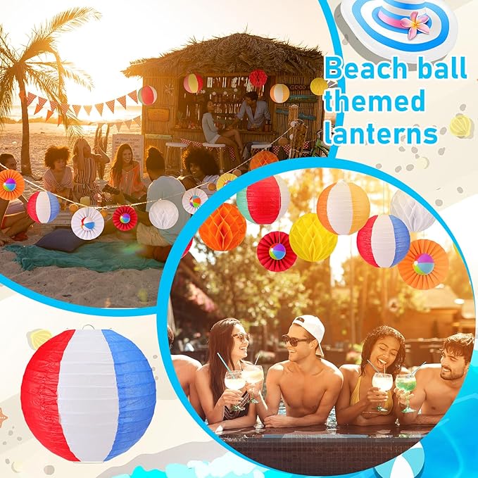 Retisee 18 Pcs Summer Beach Theme Party Decorations Beach Ball Paper Lanterns Fans Honeycomb Decorations Kit Summer Lanterns Fans Honeycomb for Pool Party Supplies
