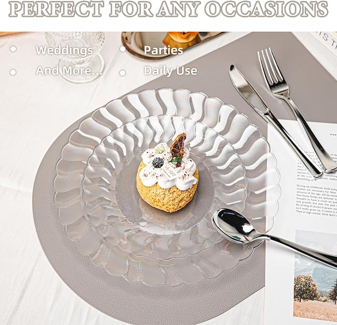 Lullaby 60PCS Clear Scalloped Plastic Plates, Disposable Elegant Party Plates Include 30pcs Dinner Plate 10.25", 30pcs Plastic Dessert Plate 7.5", Perfect for Wedding and Party