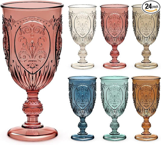 Wiwiqing 24 Pcs Plastic Goblets 7.5oz Vintage Goblet Plastic Wine Glasses Colored Retro Embossed Water Goblets for Wine Bar Juice Baby Shower Wedding Reception Grand Event Party (Mixed Color)