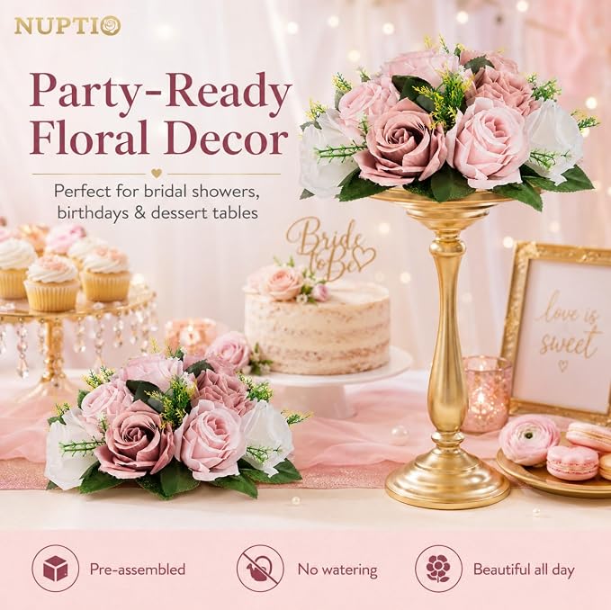 NUPTIO Flower Balls for Table Centerpieces: Dusty Pink & White Fake Flowers | 2 Pcs 9.5 inch Diameter, Artificial Rose Bouquet Arrangements, for Wedding, Birthday Party, Bridal Shower Decorations