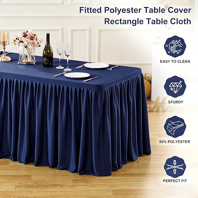 Wish Care 2 Pack Navy Blue Rectangle Table Clothes for 8 Foot Tables, Polyester Fitted Tablecloths 8ft Stretch Table Cover for Wedding, Birthday, Parties, Trade Show, Craft Show