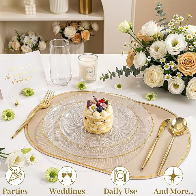 DaYammi 60Pcs Clear Plastic Plates with Gold Rimmed - Gold Disposable Plates Set Including 30pcs Dinner Plates,30pcs Dessert Plates with Radial Texture for Party & Wedding Dinner