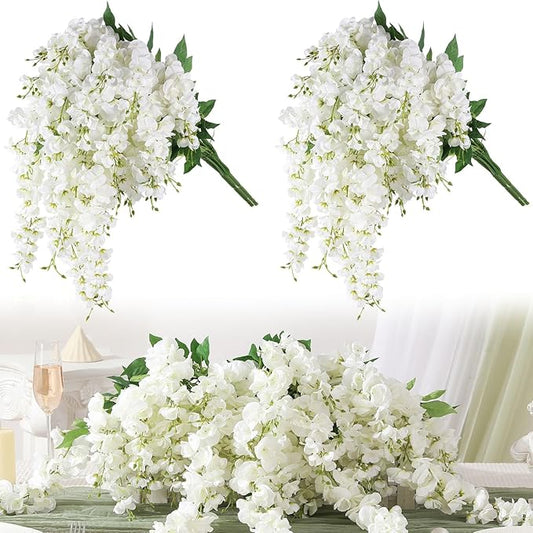 Luyue Wisteria Artificial Flowers, 4Pcs Silk Faux Wisteria Hanging Flowers UV & Fading Resistant Realistic Fake Flower for Wedding Arch Backdrop Home Garden Patio Indoor Outdoor Decoration (White)