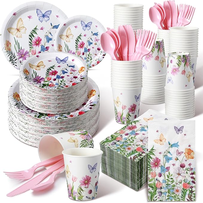 Sinmoe 400 Pcs Spring Wildflower Plates and Napkins Set Paper Flower Dinnerware Disposable Party Supplies for 50 Guest Floral Dinnerware Knife Fork Spoon for Spring Birthday Baby Shower Wedding Party