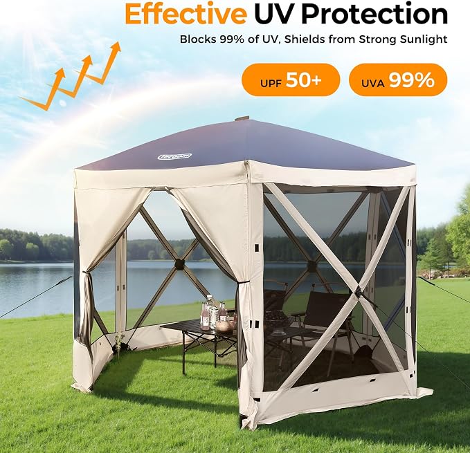 Tecoom 10x10ft 6-Sided Pop Up Gazebo Tent, Screen House with Mosquito Netting Canopy for Camping, Portable Sun Shelter Removable Siedwalls for Outdoor, Garden, Activities, Khaki