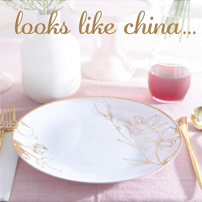 [10'' Plates 10 Count] White Plastic Floral Design Party Dinner Plates With Gold Rim Premium heavyweight Elegant Disposable Tableware Dishes