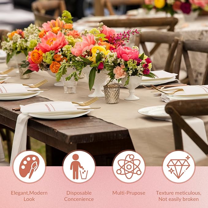 Roshtia 100 Pack Dinner Napkins Disposable Linen Feel Dinner Napkins with Built-in Flatware Pocket Gold Trim Lined Pre Folded Paper for Wedding Party (White,Rose Gold)