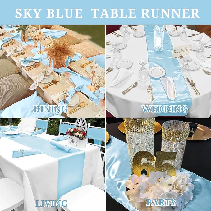 15 Pack Light Blue Satin Table Runners 12 x 108 Inch Long Blue Table Runners for Rectangle Round Tables, Smooth Satin Table Runner for Wedding,Birthday Party Banquets Engagements Decoration