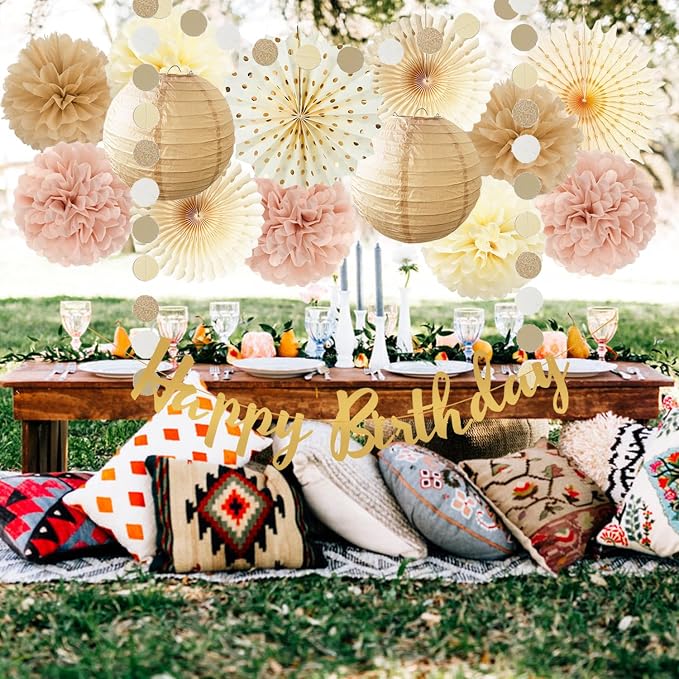 Champagne Gold Beige Birthday Decorations for Women Girls, Dusty Pink Party Decorations Cream Tissue Pom Poms Fans, Paper Lanterns, Anniversary Baby Shower Fall Boho Birthday Party Decoration