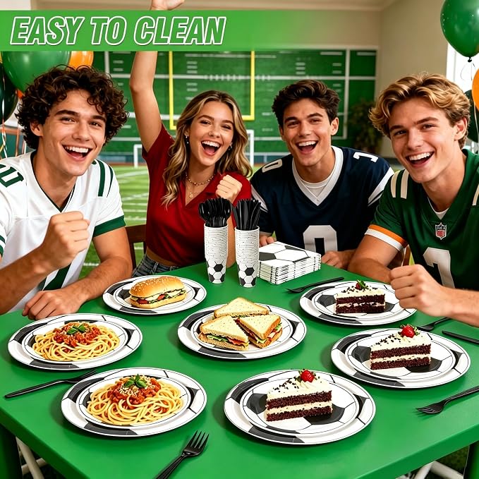 400 Pcs Disposable Soccer Party Tableware Set for 50 Guests | Heavy-Duty 7" & 9" Paper Plates, Cups, 13" Napkins & Plastic Cutlery for Game Day and Birthday Party Supplies