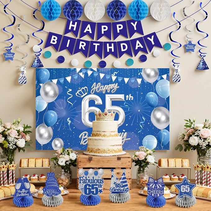 Happy 65th Birthday Party Decoration: Including Birthday Banner Backdrop, Party Table Centerpieces and Hanging Swirl Party Streamers, Birthday Decor for Men and Women (Blue, 65th Birthday)