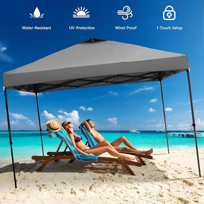 GDY 10x10 Pop Up Canopy Tent with 4 Sidewalls, Easy Set up, Outdoor Silver Coated Beach Gazebos, Carpas with 4 Sandbags, for Events, Parties,Camping, Grey.