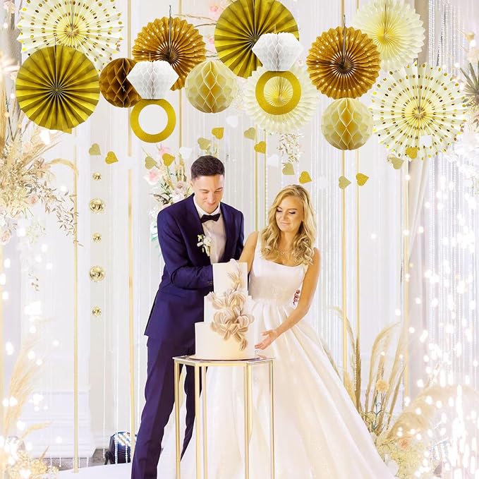 Daily Treasures 14PCS Gold White Engagement Party Decorations Kit - Hanging Ring Honeycomb Tissue Pom Poms,Paper Fans& 4m Banner for Engagement Wedding, Anniversary,Birthday Party Decor(Champagne)