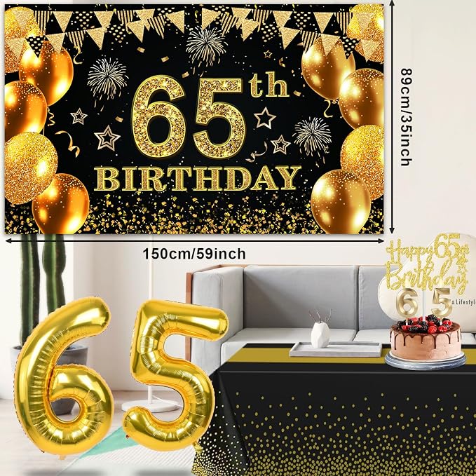 65th Birthday Decorations Men Women with 65th Birthday Banner, Black and Gold Table Cloth, Number Balloons, Large Sash, Cake Topper and Candles