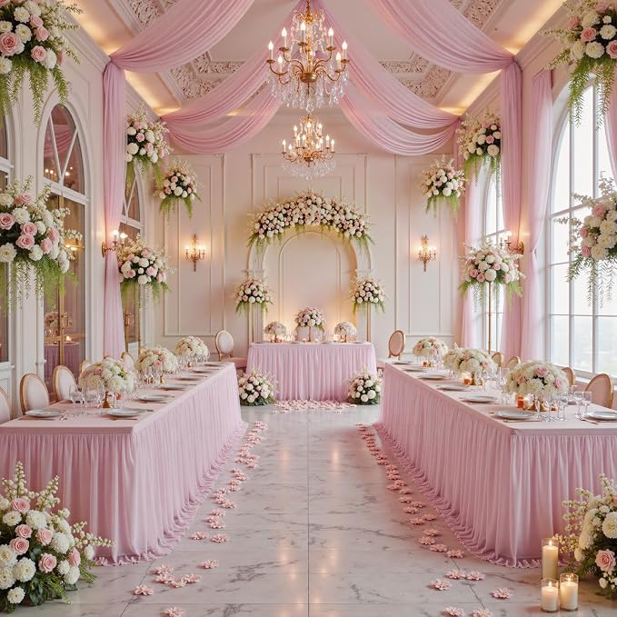 familus Pink Table Cloths 6 Foot Rectangle 6 Panels Stretch Ruffle Tulle Tablecloth Spandex Fitted Table Cover for 6 Foot Tulle Table Skirts for Party Wedding Table Cloths, Banquets