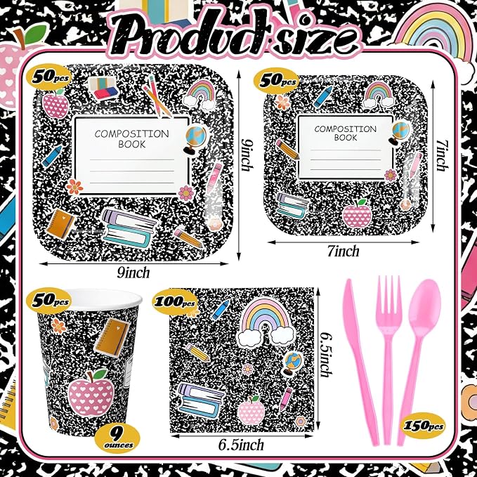 Qinyoung 400pcs/50sets Back to School Tableware Set, First Day of School Party Supplies Includes Disposable Composition Notebook Paper Plate Napkin Cup for Kindergarten Preschool Graduation, 50 Guests