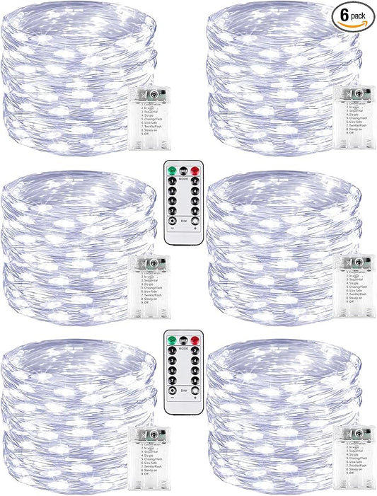 6 Pack 60 LED Fairy Lights Battery Operated with Remote, 8 Modes String Lights Indoor Outdoor, Cuttable Battery Light for Home Bedroom Wedding DIY Centerpiece Christmas Decorations (Cool White)