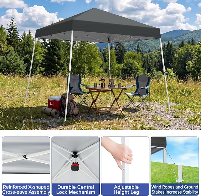 10x10 Pop Up Canopy Tent with Carry Bag, Slant Leg Instant Shade Shelter for Outdoor Events, Camping, Sports, Parties, Gray