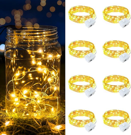 8 Pack Warm White Fairy Lights Battery Operated, 7ft 20 LED Mini String Twinkle Lights for Christmas Halloween Mason Jars Party Centerpiece Table Decorations (8, Warm White)