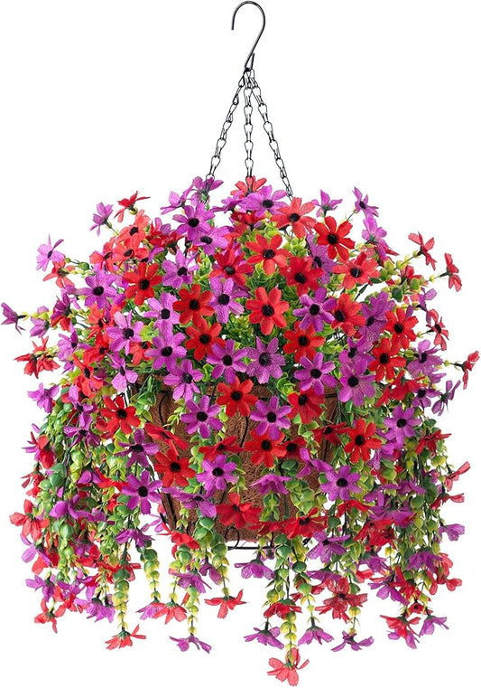 INXUGAO Artificial Hanging Flowers Plants with Basket for Outdoors, Realistic Faux Silk Daisy Flower Eucalyptus for Spring Decor, UV Resistant Fake Plants for Porch Patio Yard Balcony(Red Purple)