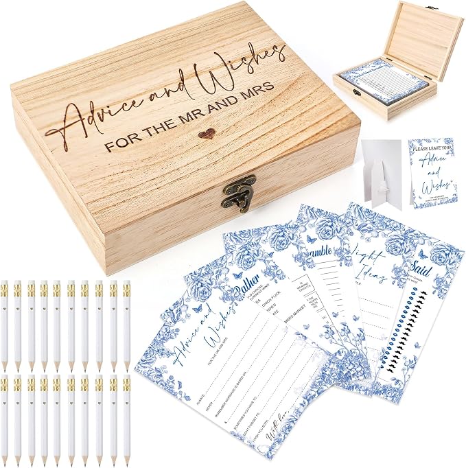 Silipull Bridal Shower Games Set for 50 Guests Includes Bingo, He Said She Said, Scramble, Would She Rather, Advice and Wishes Wedding Games Double Sided with Wooden Box, 20 Pencils(Blue Floral)