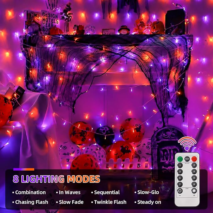 QITONG 2 Pack Battery Operated Halloween Lights, Each 33ft 100 LED Orange and Purple String Lights Outdoor Waterproof with Remote, Clear Wire Christmas Twinkle Lights with 8 Modes Indoor