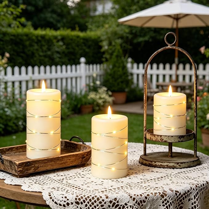 Da by 3 Pack Ivory Flameless Taper Candles, Realistic Flickering LED Candles with Surrounding Fairy String Lights, Heat Resistant ABS Battery Candles with Remote for Indoor Outdoor Decor