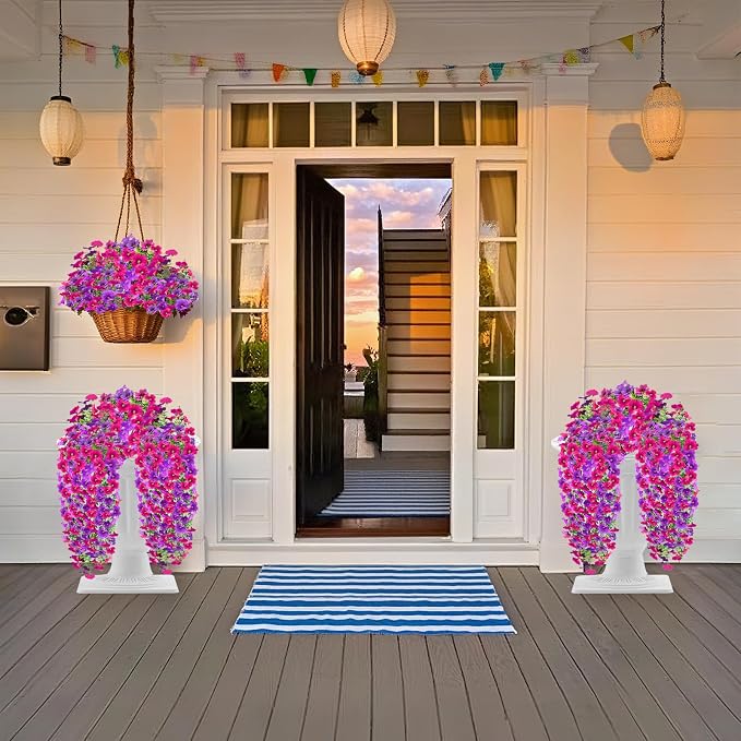 4PCS Artificial Hanging Flowers for Outdoors Summer Decoration, Upgrade UV Resistant Faux Silk Hanging Plants for Outside Home Planter Porch Patio Decor (Purple&Pink Rose)